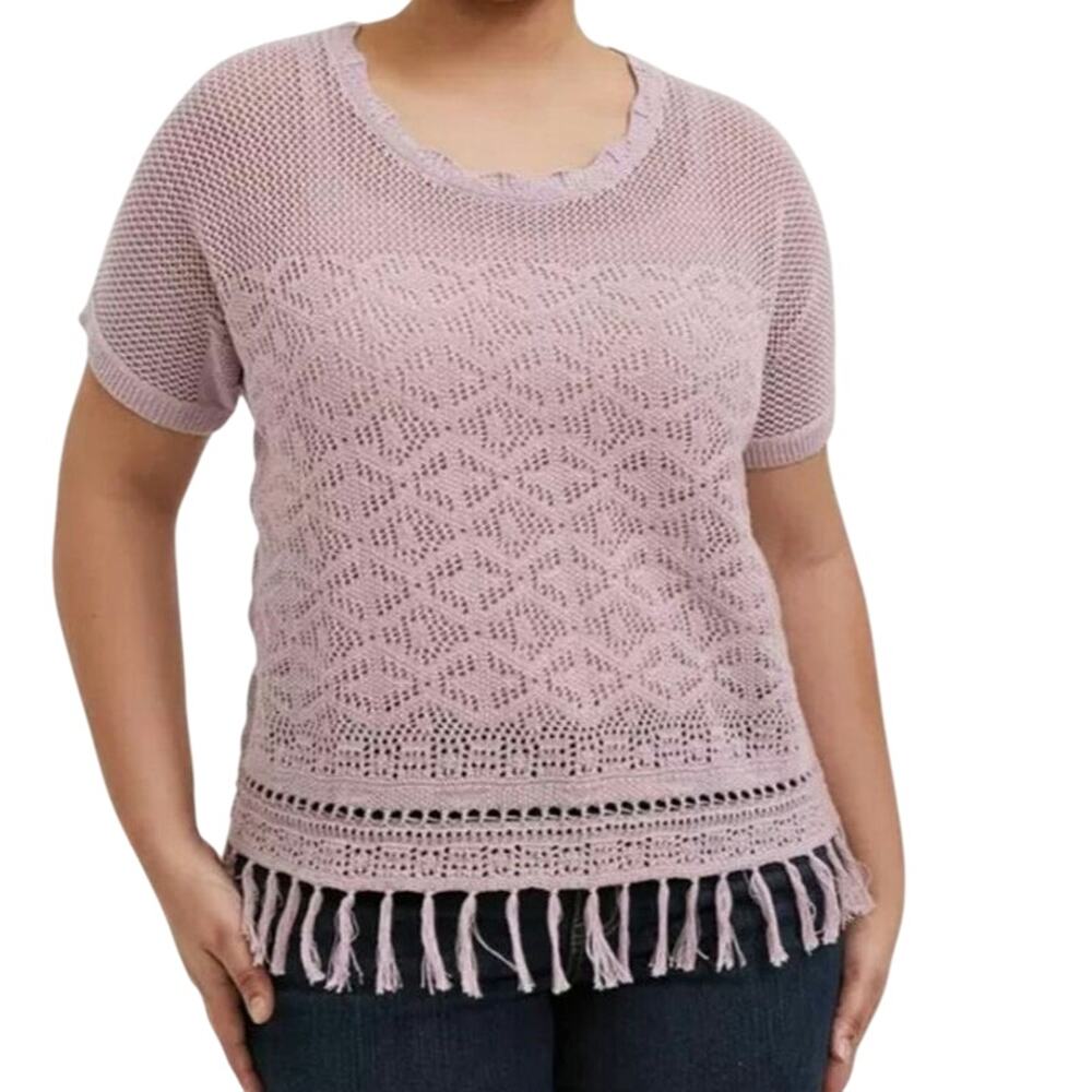 Torrid Boho Pullover Short Sleeve Fringe Hem Sweater in Mauve